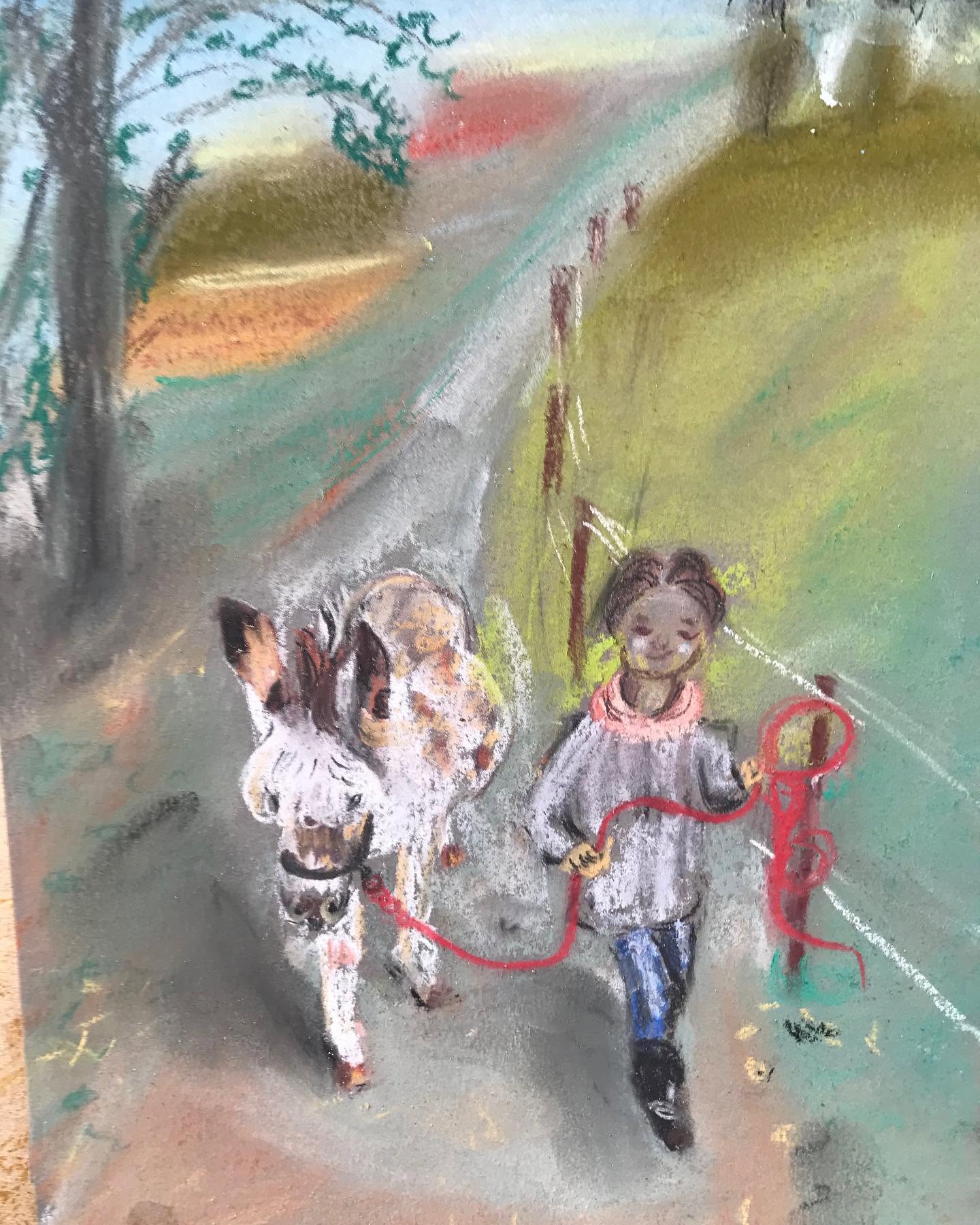 dessin d’un enfant accompagnant un âne, symbole de guidance douce et de cheminement.